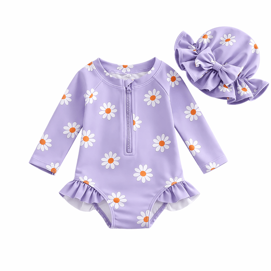 combinaison bain bébé fille violette manches longues avec chapeau assorti anti uv protection soleil enfant piscine

