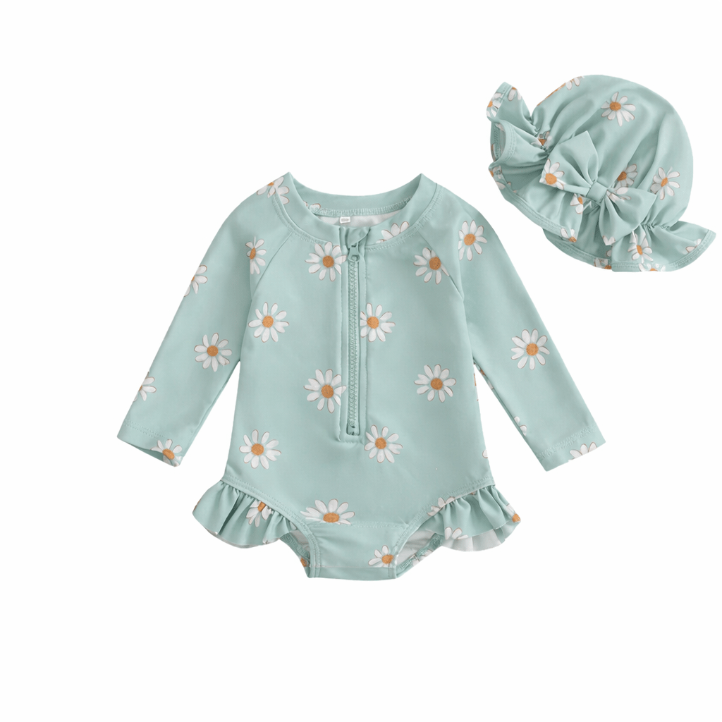 maillot de bain bébé fille anti uv manches longues vert avec chapeau protection solaire bébé été plage piscine
