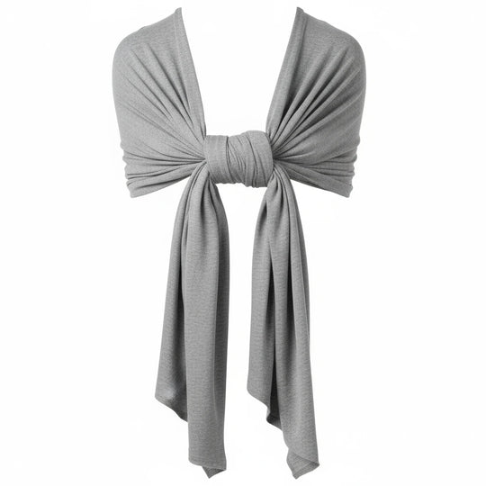 Écharpe de portage grise Kalinatur nouée, tissu doux et extensible pour un maintien sécurisé de bébé.