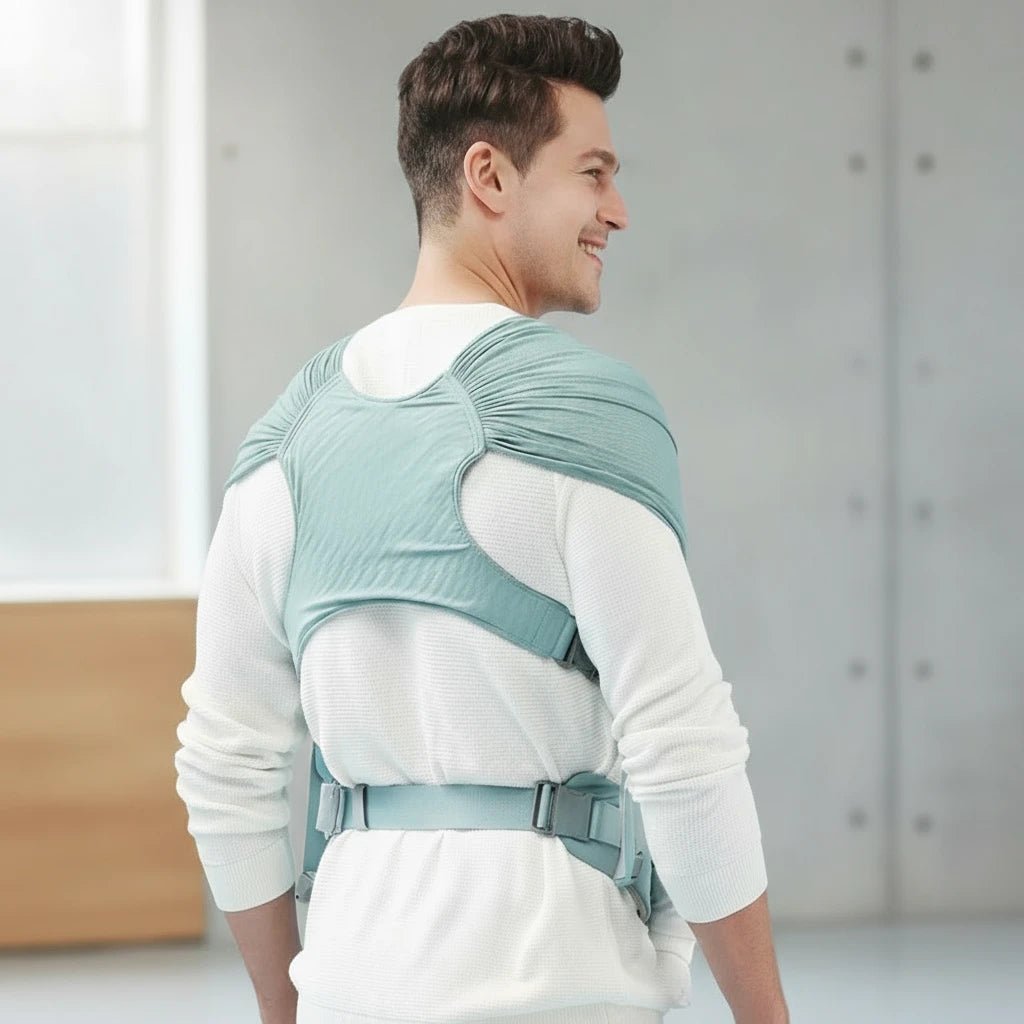 Vue de dos de l’écharpe de portage vert menthe Kalinatur portée par un papa, montrant le maintien dorsal.