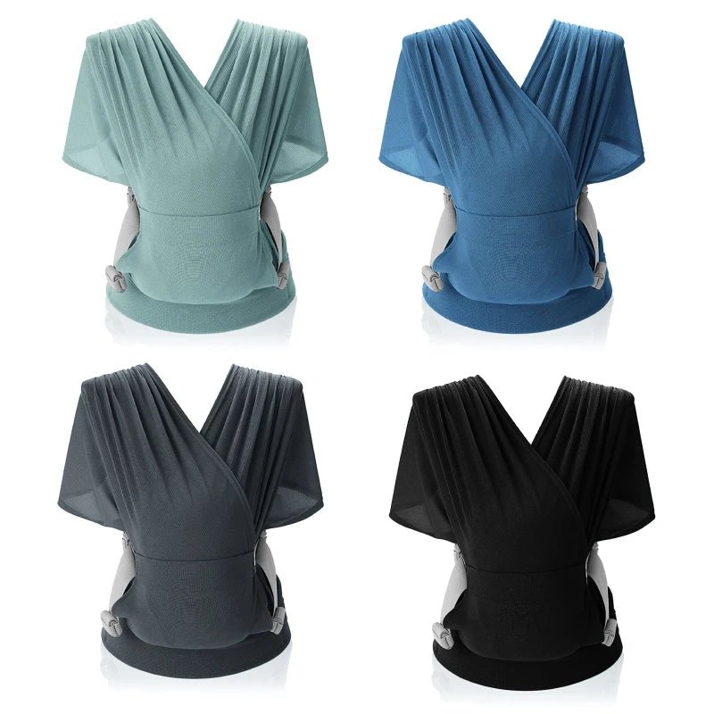 Écharpes de portage Kalinatur présentées en quatre couleurs : vert, bleu, gris foncé et noir.