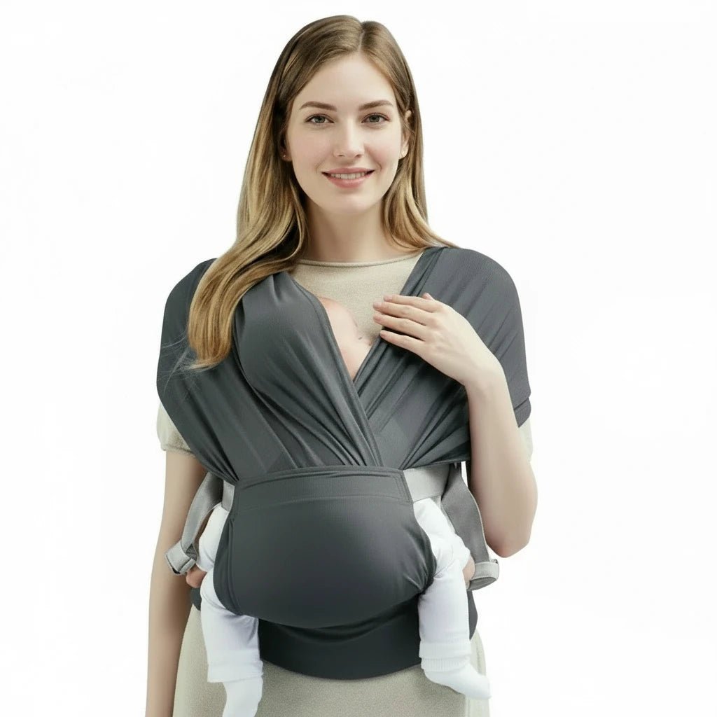 Écharpe de portage grise Kalinatur, tissu doux et extensible avec nouage confortable pour le soutien de bébé.