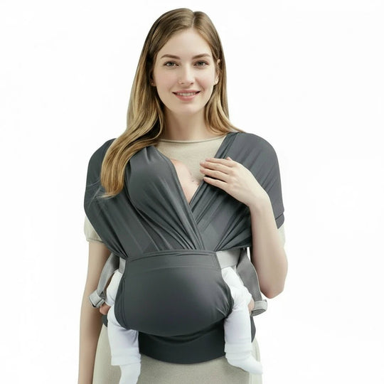 Écharpe de portage grise Kalinatur, tissu doux et extensible avec nouage confortable pour le soutien de bébé.