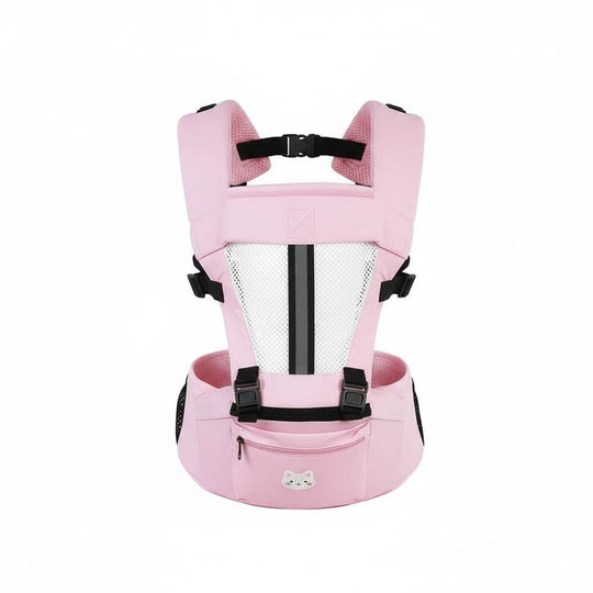 Porte-bébé ergonomique rose Kalinatur avec filet respirant et soutien lombaire.