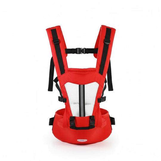 Porte-bébé ergonomique rouge Kalinatur avec assise renforcée et bretelles ajustables.