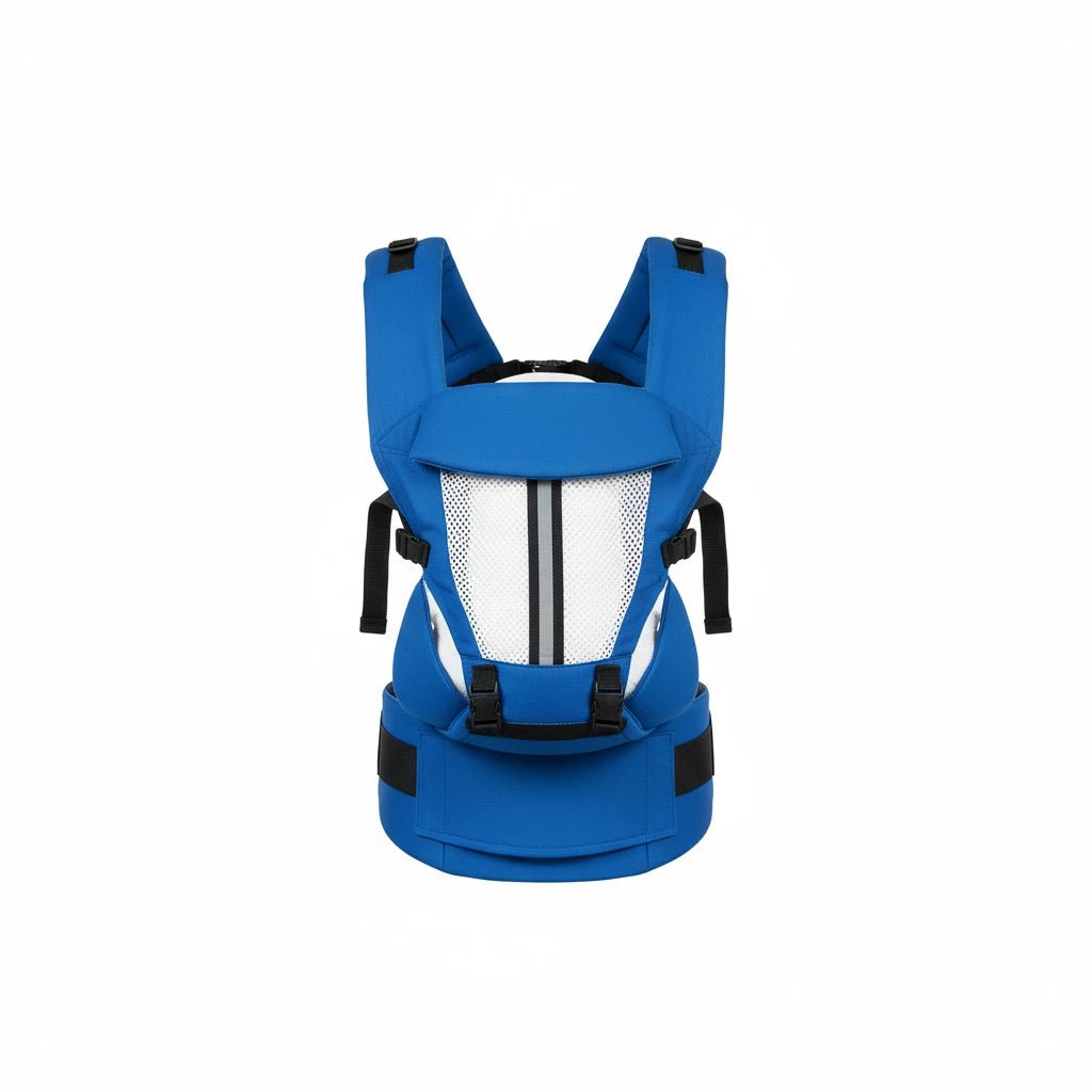 Porte-bébé ergonomique bleu clair Kalinatur avec structure respirante et ceinture de maintien.