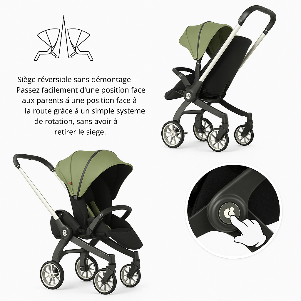 Poussette 4-en-1 verte Kalinatur avec siège réversible face route ou face parent sans démontage.