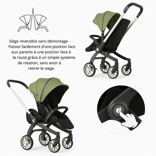 Poussette 4-en-1 verte Kalinatur avec siège réversible face route ou face parent sans démontage.