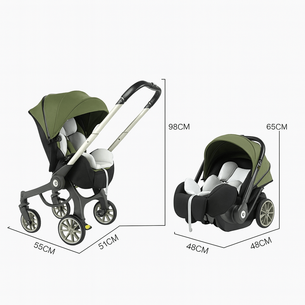 Dimensions détaillées de la poussette 4-en-1 verte Kalinatur et du siège auto bébé.