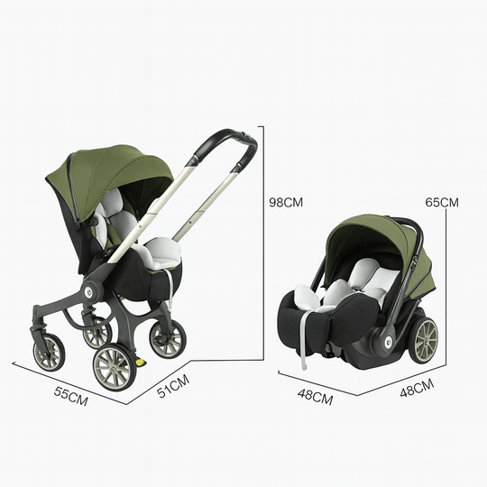 Dimensions détaillées de la poussette 4-en-1 verte Kalinatur et du siège auto bébé.
