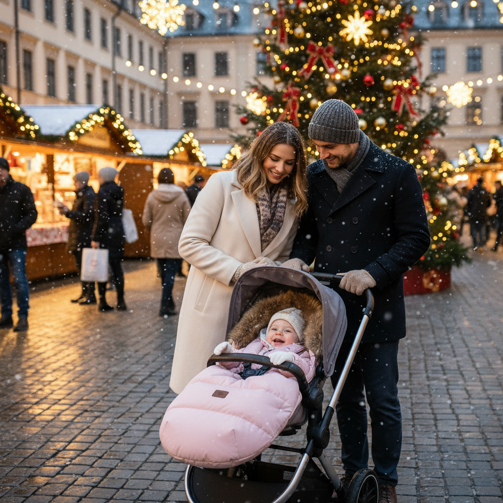 Famille souriante promenant leur bébé en poussette rose Kalinatur lors d’un marché de Noël sous la neige.