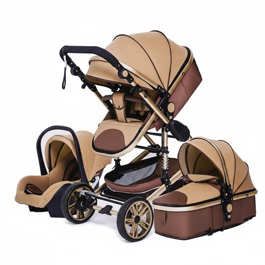 Poussette combinée 3-en-1 Kalinatur™ couleur beige et marron, avec nacelle, siège auto et mode landau, idéale dès la naissance pour le confort et la sécurité de bébé.