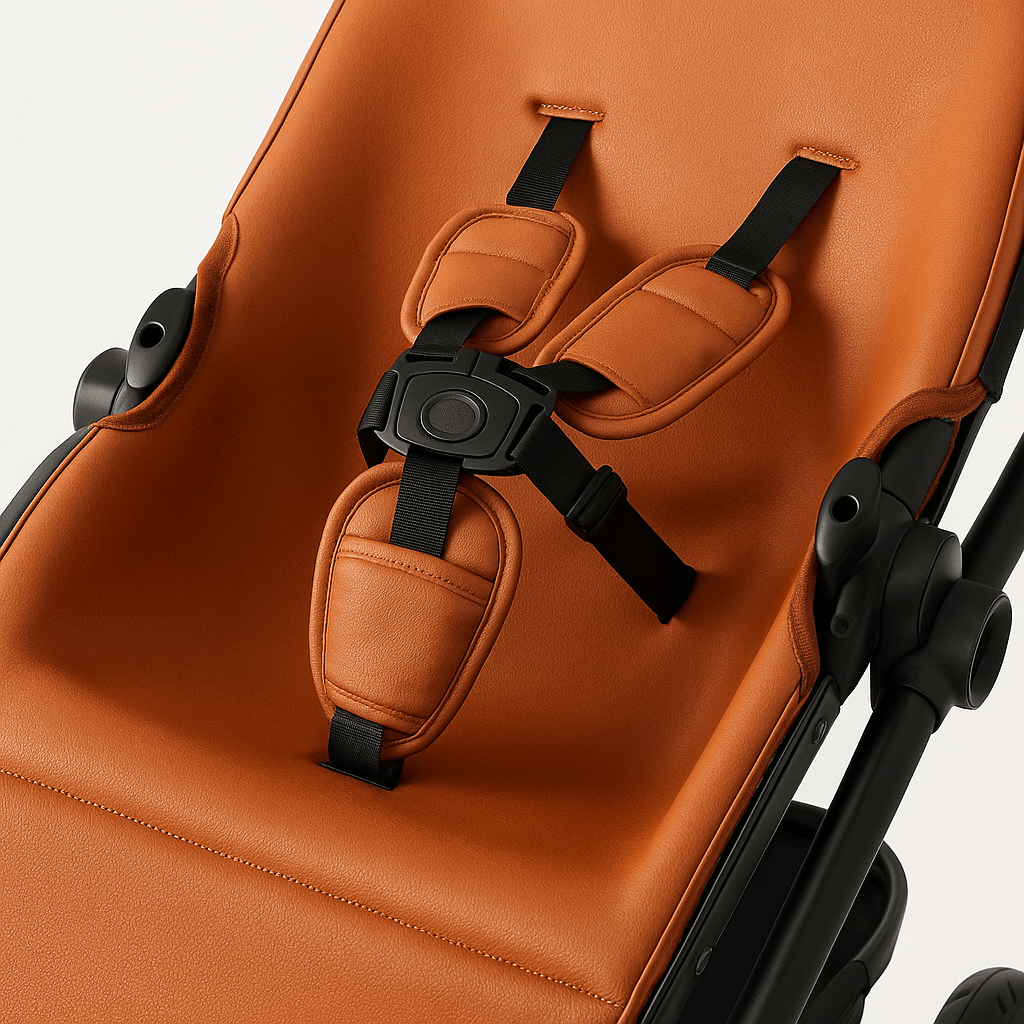 Harnais de sécurité cinq points sur la poussette jumeaux camel Kalinatur.