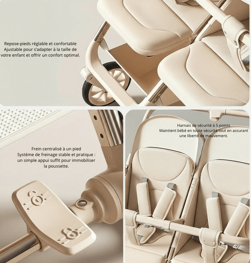 Poussette Jumelle Haut de Gamme, Siège Réversible & Design Luxe