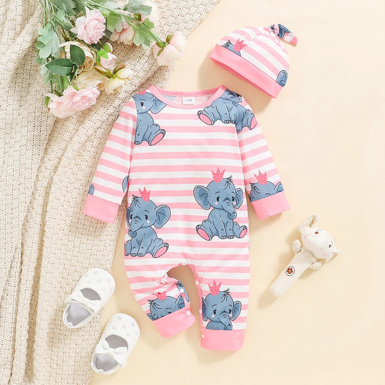 Pyjama bébé Kalinatur rose à rayures blanches avec motifs éléphant couronné et bonnet assorti, en coton doux et respirant pour le confort des tout-petits