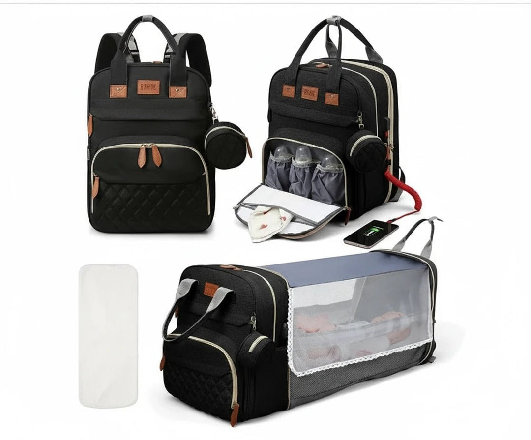 Sac à langer noir premium avec poches isothermes et lit bébé pliable doté d’une moustiquaire.