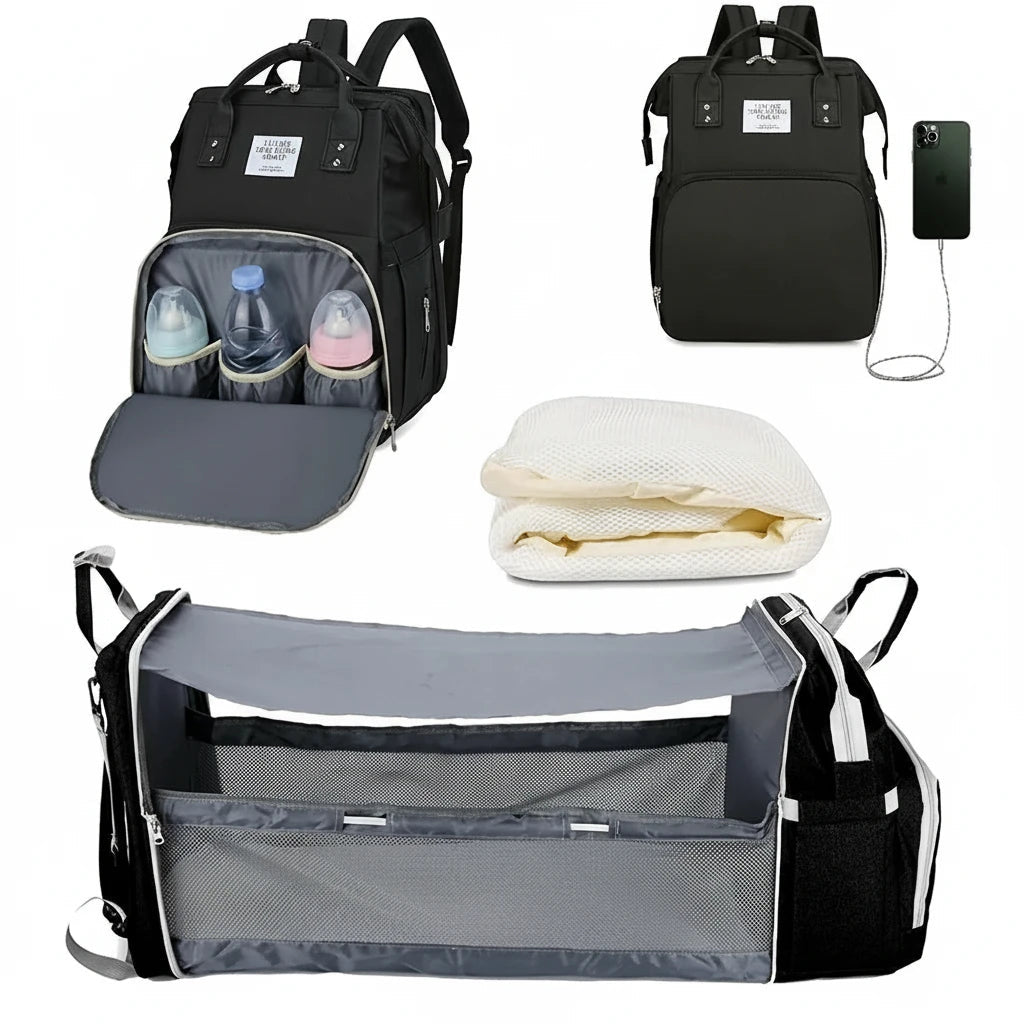 Sac à langer noir avec rangements isothermes, lit bébé pliable et matelas confortable.