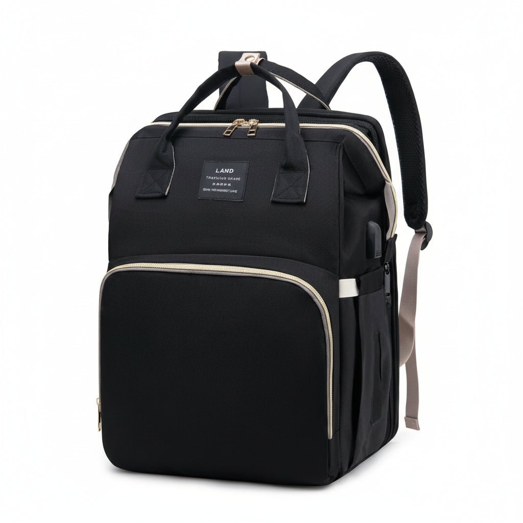 Sac à langer Kalinatur noir premium, grande poche frontale et bretelles confort.