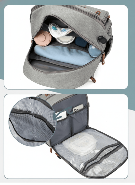 Sac à langer gris Kalinatur avec poches isothermes et système de fixation sur valise, idéal pour voyages avec bébé.