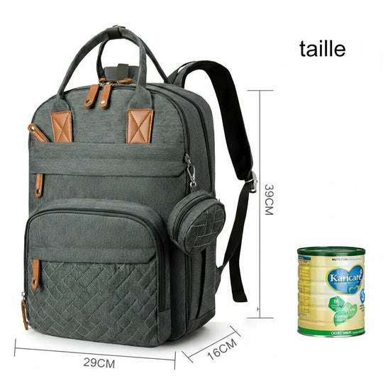 Dimensions du sac à langer gris anthracite Kalinatur 29×16×39 cm, grande capacité pour parents et bébé.