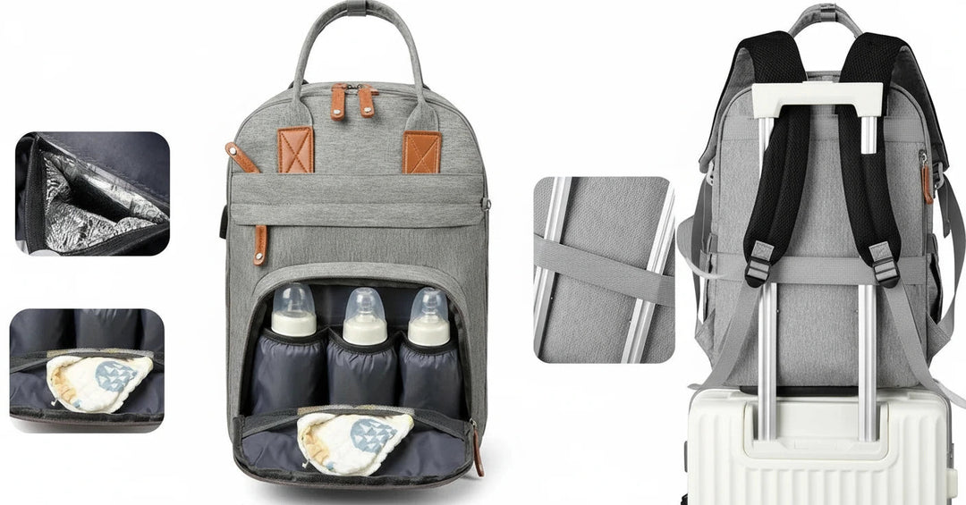 Sac à langer gris Kalinatur avec poches biberons, grande ouverture et attache valise pour voyages parents et bébé.