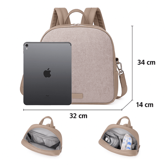 Dimensions du sac à langer Kalinatur : 32 cm de largeur, 34 cm de hauteur, 14 cm de profondeur.