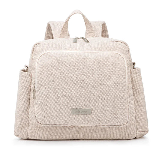 Sac à dos à langer beige lin Kalinatur, tissu texturé et poches pratiques.