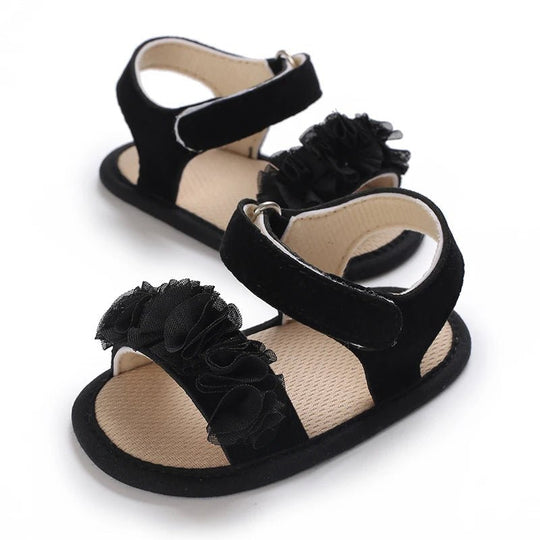 Sandales bébé fille noires avec fleurs en tulle et fermeture scratch, chaussures premiers pas à semelle souple antidérapante pour bébé de 0 à 18 mois

