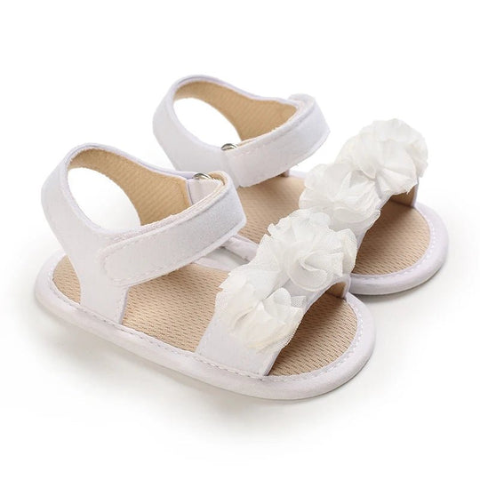 Sandales bébé fille blanches avec fleurs en tulle et fermeture scratch, chaussures premiers pas à semelle souple antidérapante pour bébé de 0 à 18 mois
