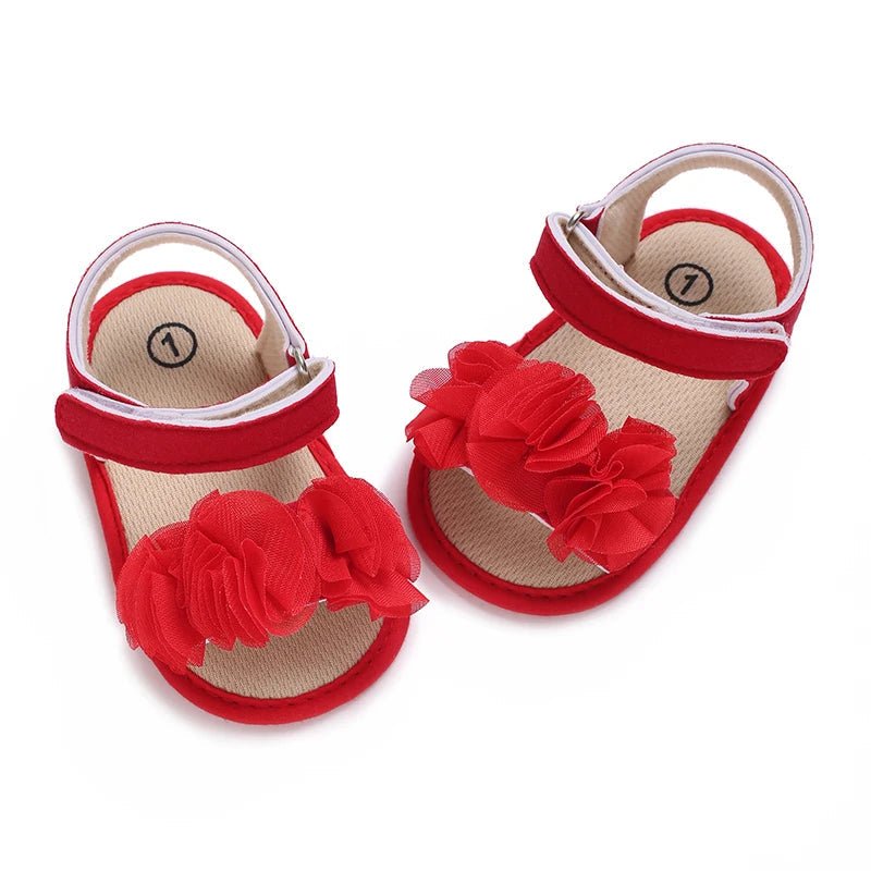 Sandales bébé fille rouges avec fleurs en tissu et fermeture scratch, chaussures premiers pas à semelle souple antidérapante pour l’été 0 à 18 mois
