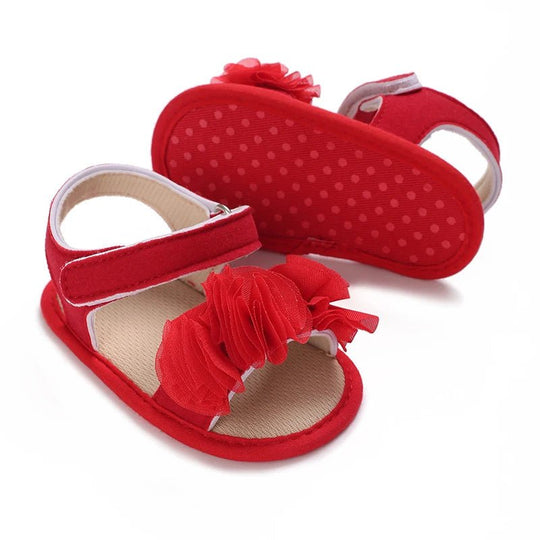 Sandales bébé fille rouges avec fleurs en tulle et fermeture scratch, chaussures premiers pas à semelle souple antidérapante pour bébé de 0 à 18 mois
