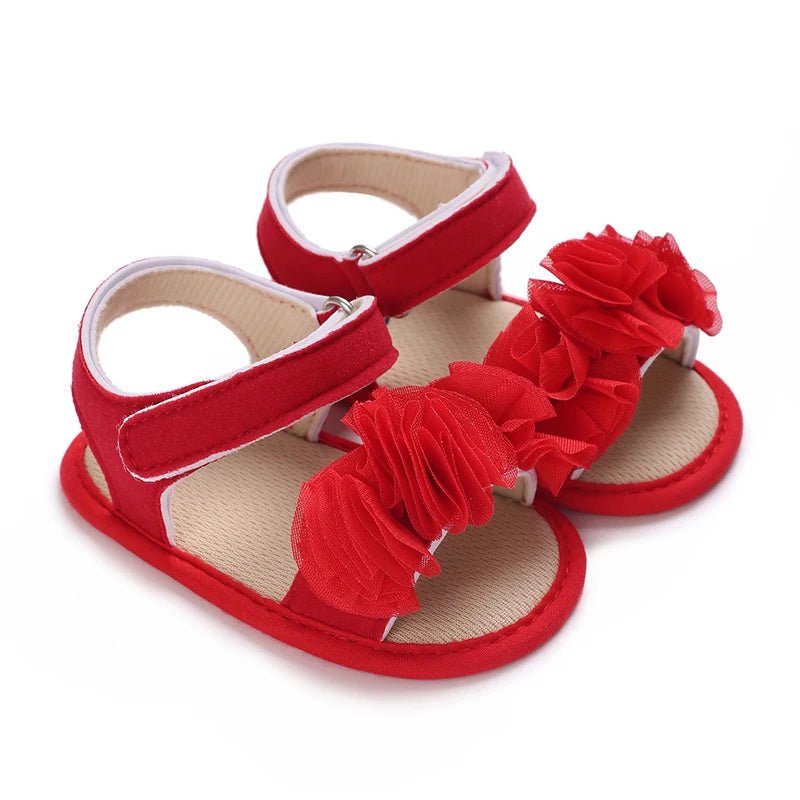 Sandales bébé fille rouges avec fleurs en tulle et bride scratch, chaussures premiers pas à semelle souple antidérapante pour bébé de 0 à 18 mois
