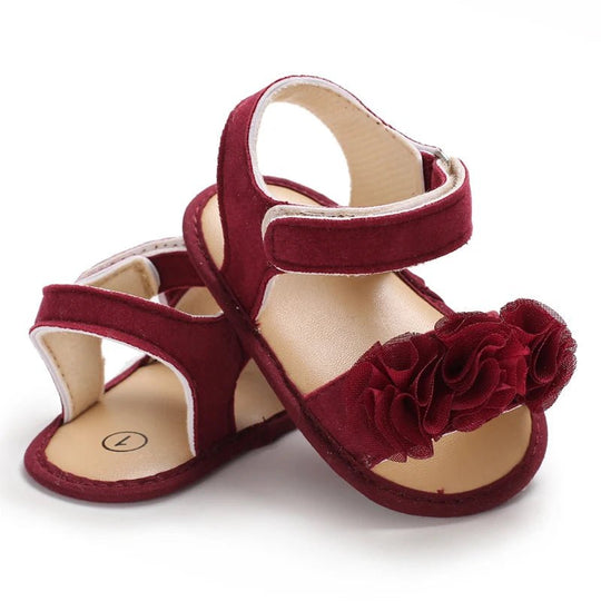 Sandales bébé fille bordeaux avec fleurs en tulle et fermeture scratch, chaussures premiers pas à semelle souple antidérapante pour bébé de 0 à 18 mois
