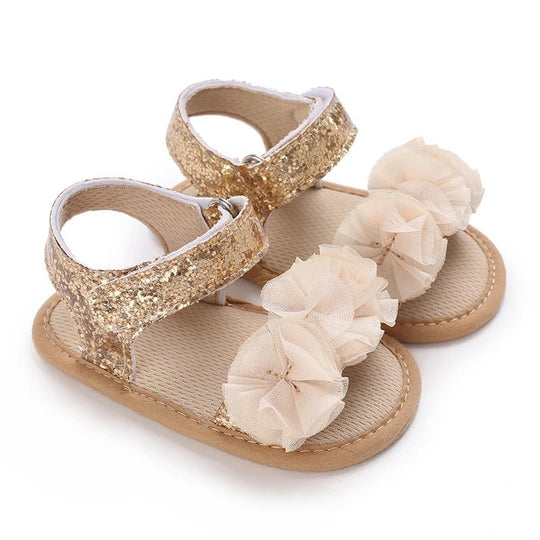 Sandales bébé fille dorées pailletées avec fleurs en tulle et fermeture scratch, chaussures premiers pas à semelle souple antidérapante pour bébé de 0 à 18 mois

