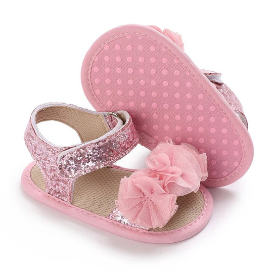Sandales bébé fille roses pailletées avec fleurs en tulle et fermeture scratch, chaussures premiers pas à semelle souple antidérapante pour bébé de 0 à 18 mois
