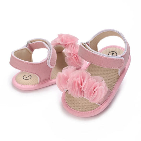 Sandales bébé fille roses avec fleurs en tulle et fermeture scratch, chaussures premiers pas à semelle souple antidérapante pour bébé de 0 à 18 mois
