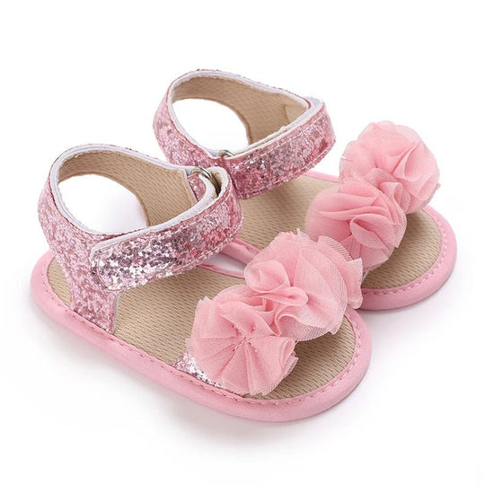 Sandales bébé fille roses pailletées avec fleurs en tulle et fermeture scratch, chaussures premiers pas à semelle souple antidérapante pour bébé de 0 à 18 mois
