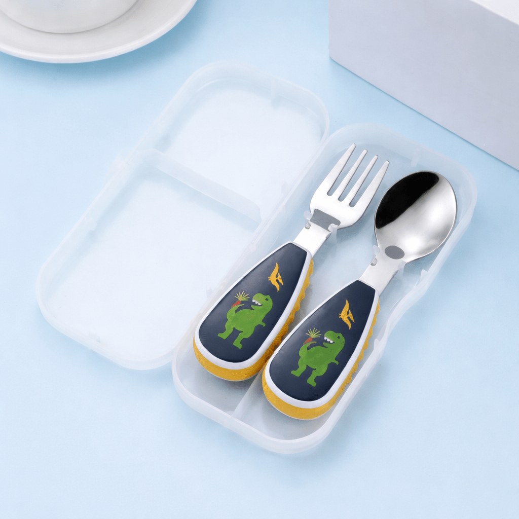 Set de couverts bébé avec cuillère et fourchette en acier inoxydable avec manche dinosaure et boîte de transport pour enfants de 6 mois à 4 ans