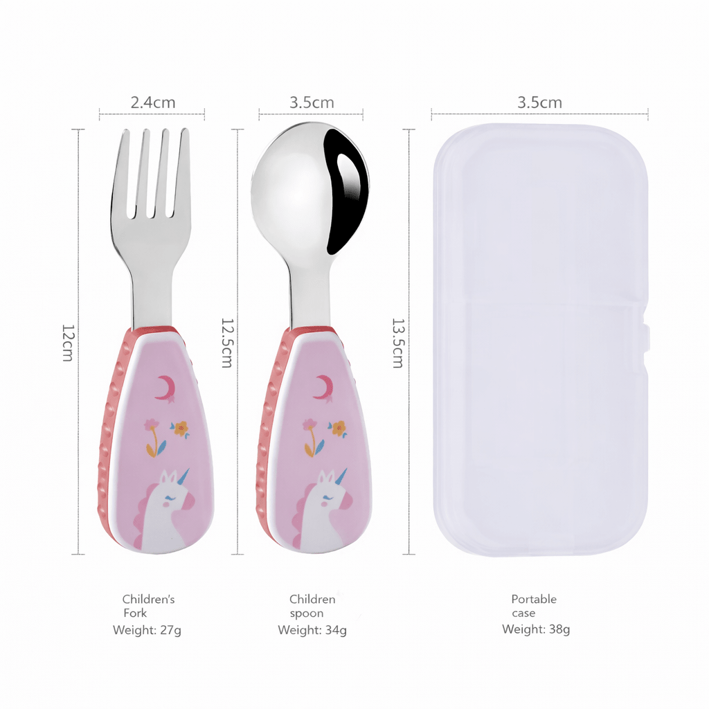 Dimensions du set de couverts bébé licorne avec cuillère et fourchette en acier inoxydable et boîte de transport pour enfants de 6 mois à 4 ans