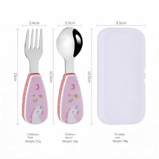 Dimensions du set de couverts bébé licorne avec cuillère et fourchette en acier inoxydable et boîte de transport pour enfants de 6 mois à 4 ans