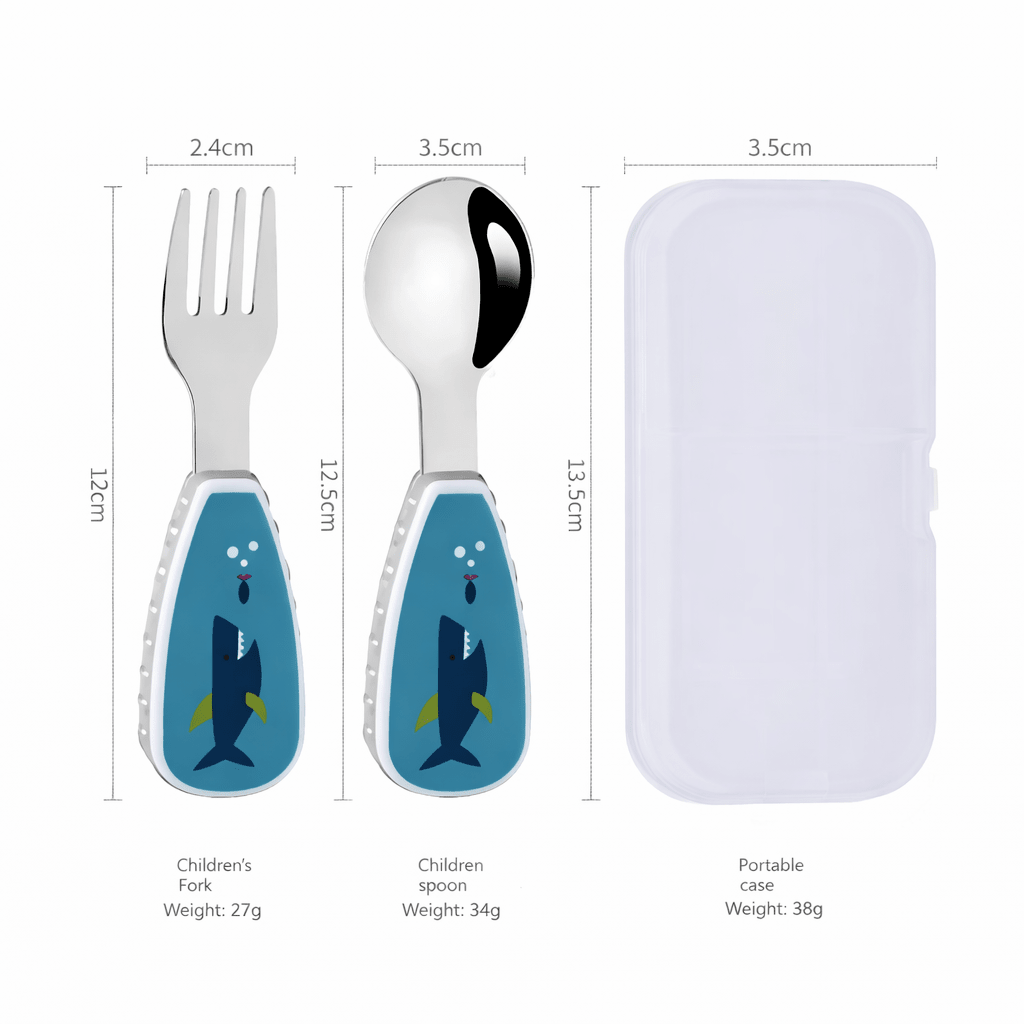 Dimensions du set de couverts bébé avec cuillère et fourchette en acier inoxydable manche requin et boîte de transport pour enfants de 6 mois à 4 ans
