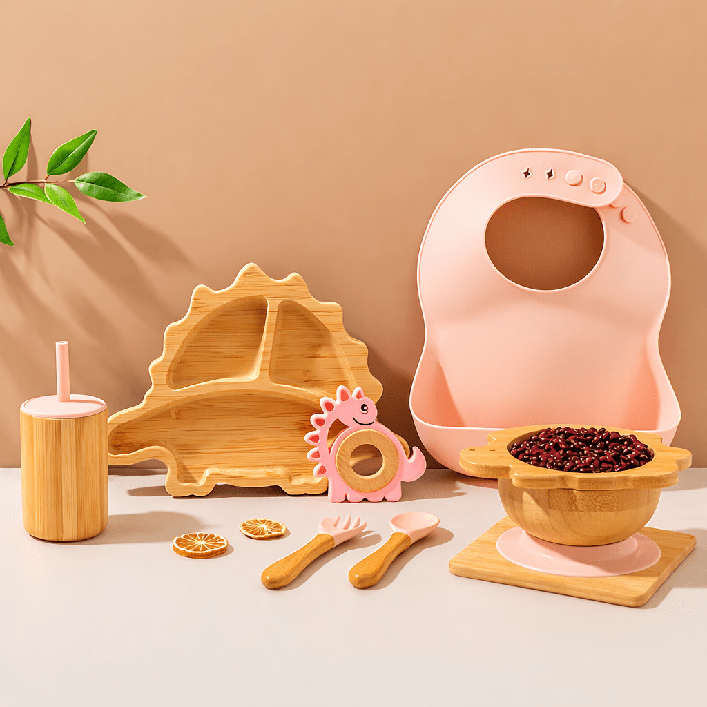 Set repas bébé dinosaure en bambou et silicone comprenant assiette compartimentée, bol, cuillère, tasse et bavoir rose pour enfants jusqu’à 5 ans