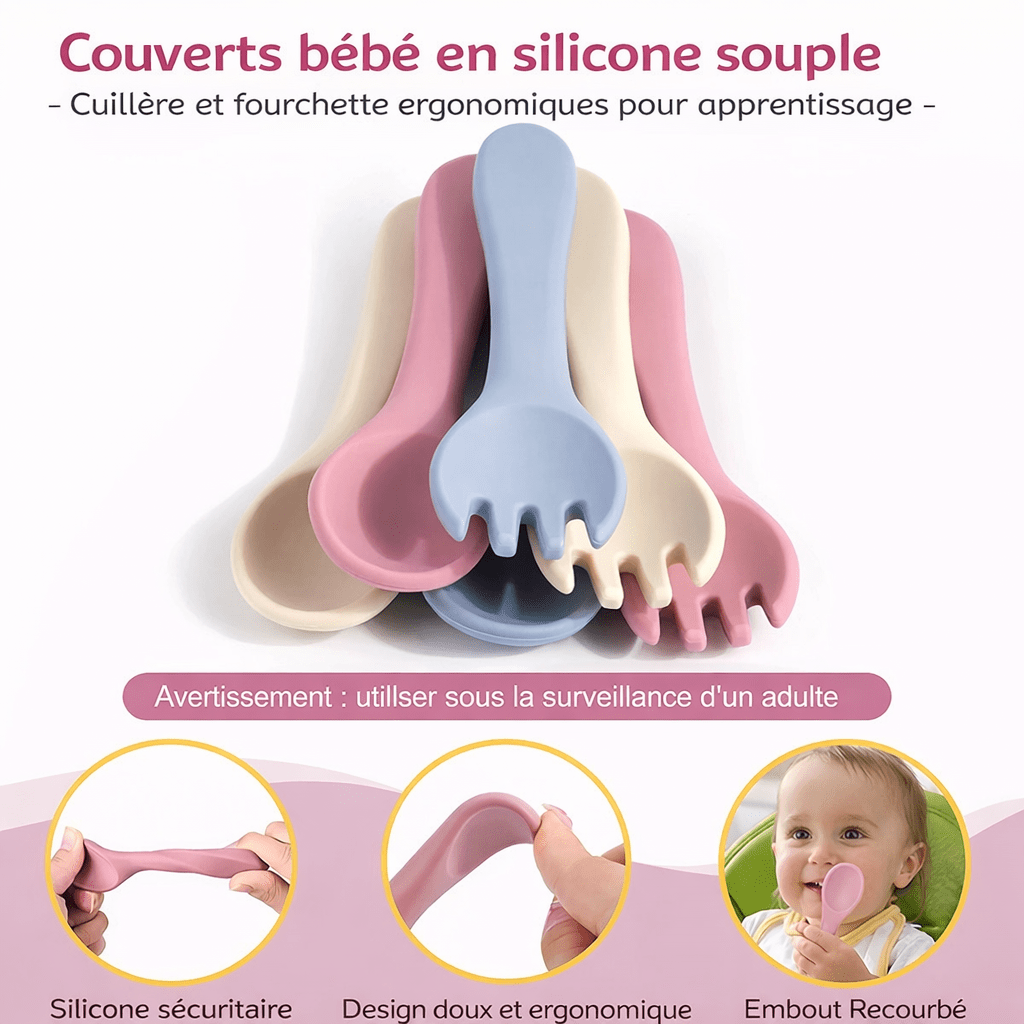 Cuillère et fourchette bébé en silicone souple et ergonomique, adaptées aux petites mains pour apprendre à manger en toute sécurité