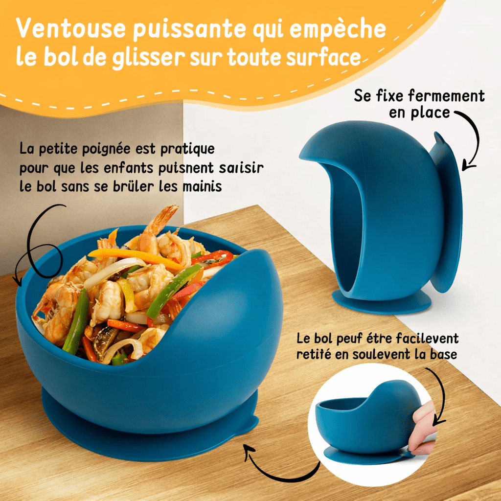 Bol bébé en silicone avec ventouse puissante antidérapante et poignée ergonomique pour aider les enfants à manger sans renverser