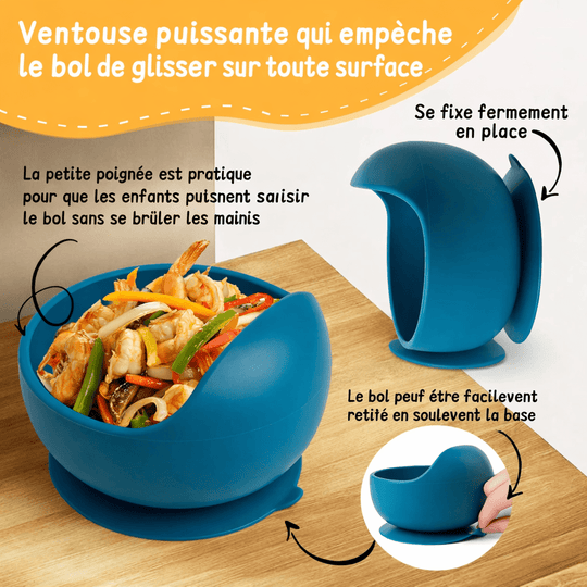 Bol bébé en silicone avec ventouse puissante antidérapante et poignée ergonomique pour aider les enfants à manger sans renverser
