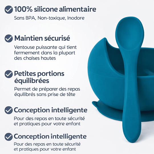 Bol bébé en silicone alimentaire sans BPA avec ventouse antidérapante et cuillère, conçu pour les repas sécurisés des enfants