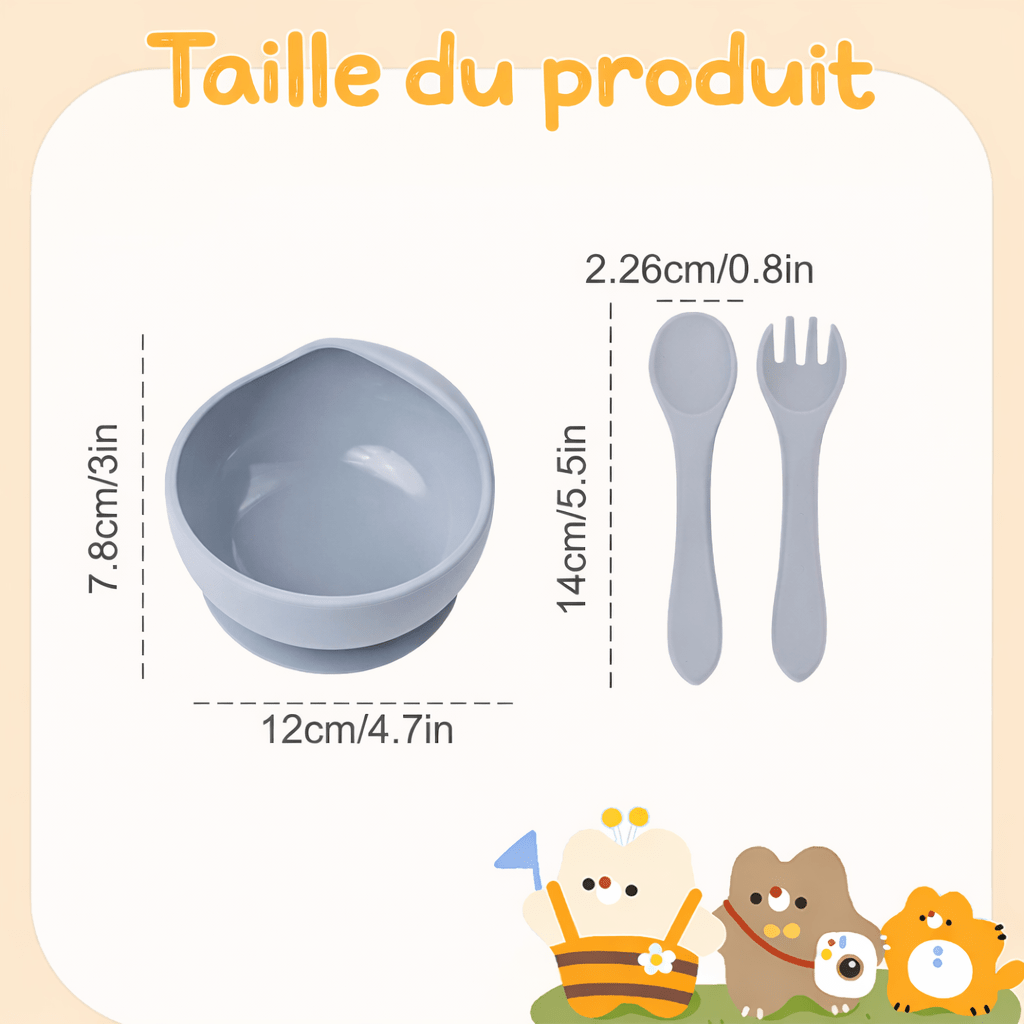 Dimensions du set repas bébé en silicone avec bol ventouse, cuillère et fourchette, vaisselle bébé adaptée aux petites mains