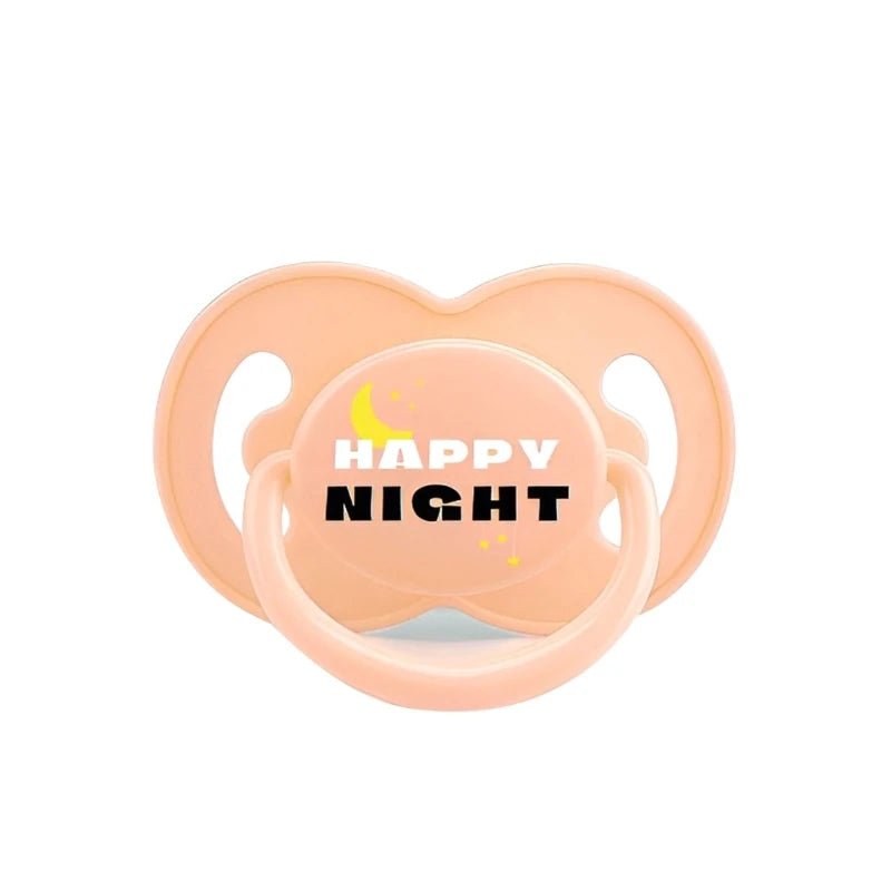 Tétine beige en silicone avec inscription Happy Night et petit croissant de lune – Kalinatur.