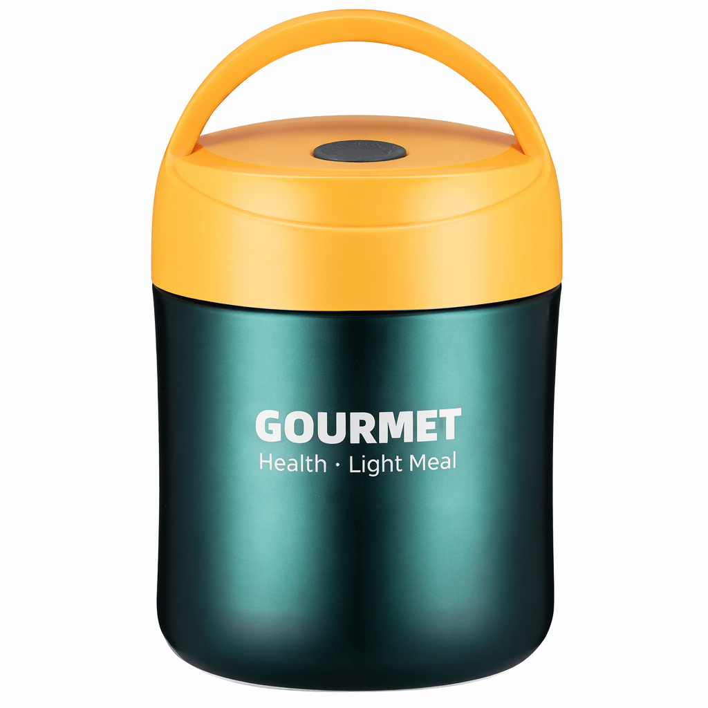 Thermos alimentaire 500 ml en acier inoxydable avec couvercle jaune et poignée pour transporter soupe et repas chauds
