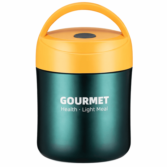 Thermos alimentaire 500 ml en acier inoxydable avec couvercle jaune et poignée pour transporter soupe et repas chauds
